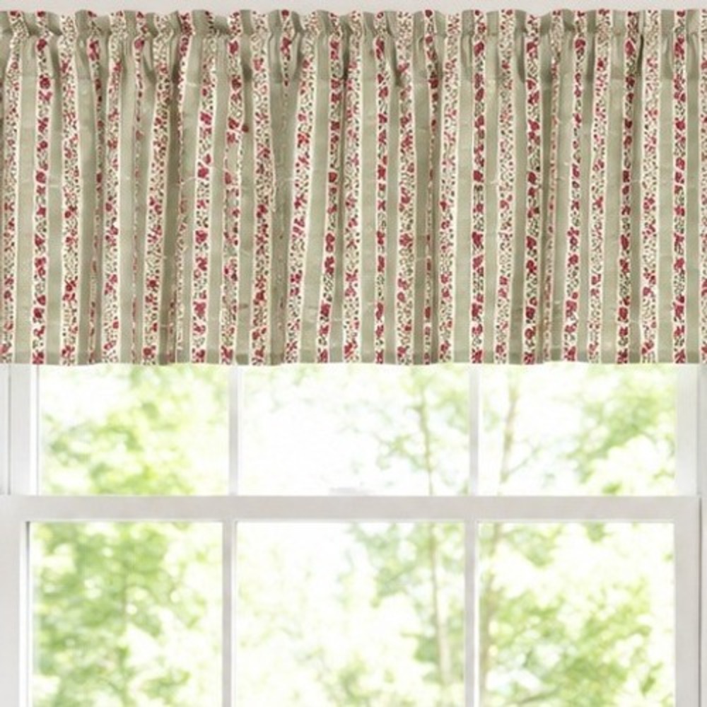 Pair Vintage Laura Ashley Cottage Rose Floral Stripe Valance Sage Green 82"x18"